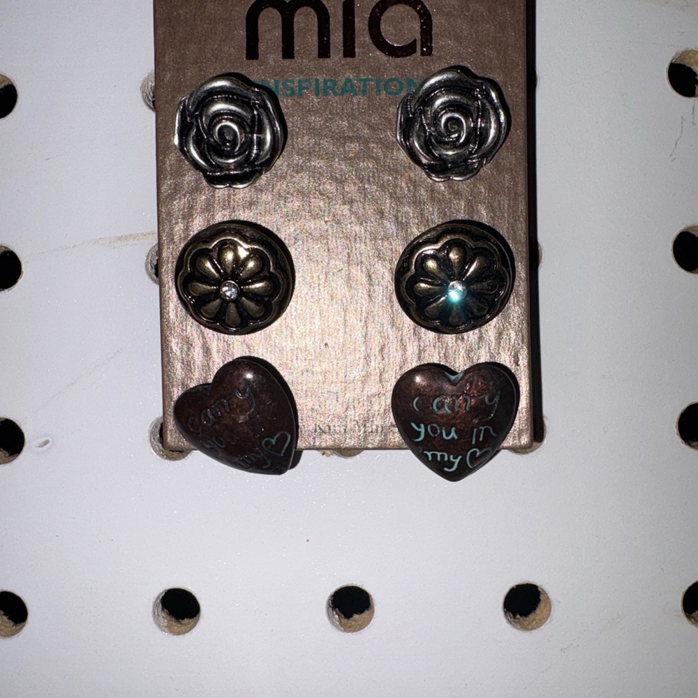 MIA Floral and Heart Earring Set in Silver and Bronze